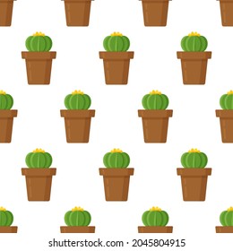 Vector illustration of a pattern of round cacti. Seamless picture of cacti in a brown vase. 