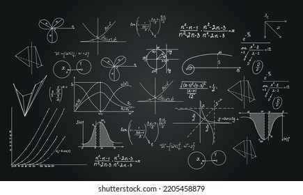 Vector illustration pattern with school chalk mathematical formula. Handwritten white trigonometry. Mathematical art design. Science wallpaper chalk geometry