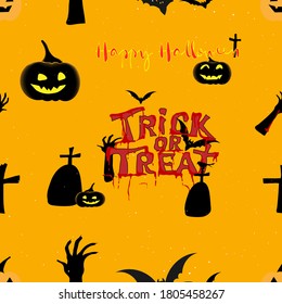Vector Illustration pattern seamless Halloween Background with bat flying, zombie hand,grave, pumpkins face,Trick or Trea tand Happy Halloween.