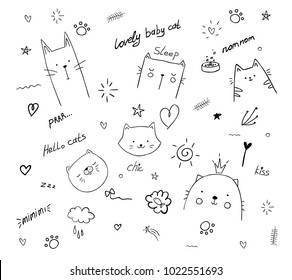 vector illustration pattern set of pretty kittens. graphic design for decorated. linear sketches of animals for design and decoration of gifts and printing on T-shirts