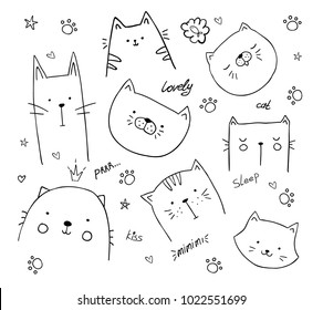 vector illustration pattern set of pretty kittens. graphic design for decorated. linear sketches of animals for design and decoration of gifts and printing on T-shirts