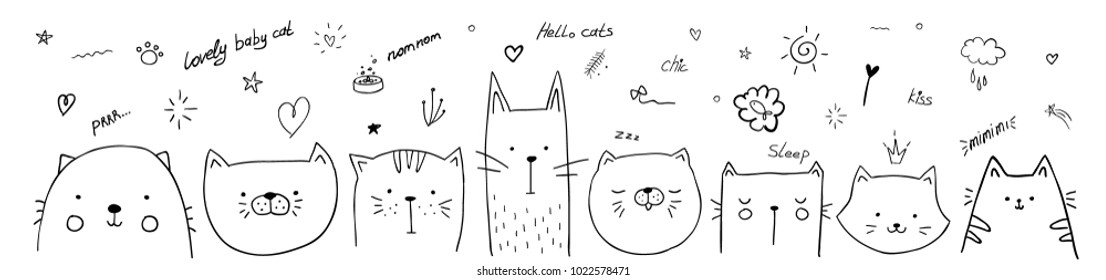 vector illustration pattern set of pretty kittens. graphic design for decorated. linear sketches of animals for design and decoration of gifts and printing on T-shirts