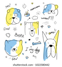 vector illustration pattern set of pretty dogs. graphic design for decorated. linear sketches of animals for design and decoration of gifts and printing on T-shirts