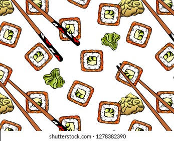 Vector illustration pattern of sketch hand drawn sushi for restaurant, cafe, shop. Japanese, Chinese, Korean, asian food. Rice, fish, salmon, avocado, roll, wasabi, chopstick. Vintage Wallpaper.
