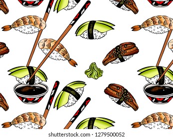 Vector illustration pattern of sketch hand drawn sushi for restaurant, cafe, shop. Japanese, Chinese, Korean, asian food. Rice, fish, salmon, avocado, shrimp, wasabi, chopstick. Vintage Wallpaper. 