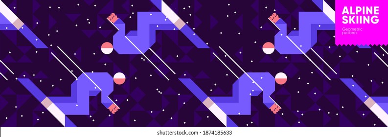 Vector illustration. Pattern of skiers, downhill skiing. Abstract, background patterns, triangular mosaics, stylized polygonal images, geometric backgrounds, large width.