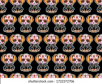 Vector illustration pattern of skull dog in folk style.