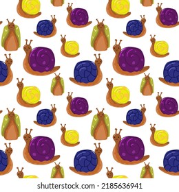 Vector illustration of a pattern of snail characters in cartoon style. A set of colorful emotional, happy, smiling, funny snails for children's design or speed