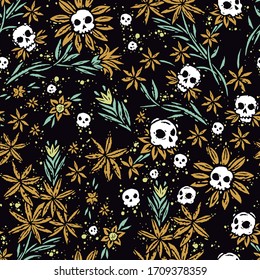 Vector illustration pattern of stylized skulls in cartoon style with daisies.