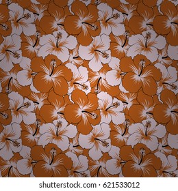 Vector illustration. Pattern for summer fashion, interior, wallpaper. Exotic flowers in allover composition. Seamless vector tropical design with hibiscus in neutral and orange colors.