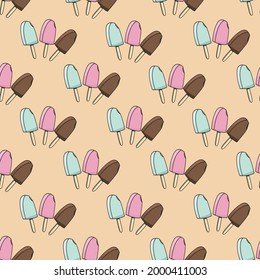 Vector Illustration of Pattern Three ice Cream, Pink, Blue, chocolate and  Brown Colors Background.