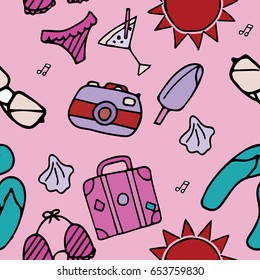 Vector illustration. Pattern travel on a pink background, sunglasses, cocktail, ice cream, shell.