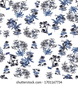 Vector illustration of vector pattern with tropical and beach elements. Art in simple, uncluttered lines. Editable design for printing on fabrics, wallpaper and other uses.