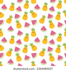 Vector illustration of pattern of tropical fruits, pineapples and watermelons.