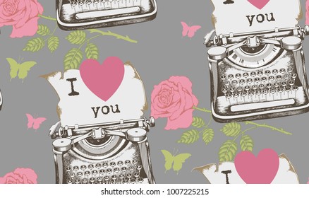 Vector illustration. Pattern of vintage typewriter and rose