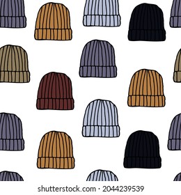 Ilustración vectorial de un patrón de sombreros cálidos sobre un fondo blanco, dirección de otoño de invierno, para impresión de cubierta de papel pintado