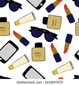 vector illustration pattern of women's perfume, phone, lipstick, glasses on a white background
