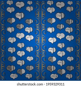 Vector illustration. Pattern for wrapping. Typography lettering poster. Repeating texture. Gray, white and blue seamless heart pattern. Valentines Day.