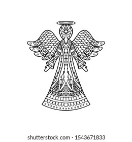 Vector illustration of patterned angel silhouette. Christmas coloring page book