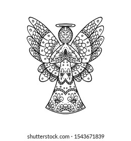 Vector illustration of patterned angel silhouette. Religion coloring page book