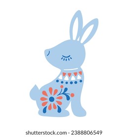 Vector illustration of patterned animal in Nordic style hygge. Silhouette of hare in folk style isolated on white background