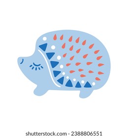 Vector illustration of patterned animal in Nordic style hygge. Silhouette of hedgehog in folk style isolated on white background