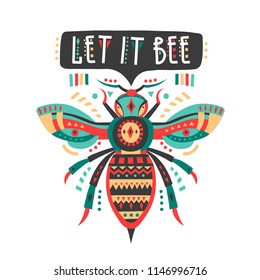 Vector illustration with patterned bee and lettering "Let it bee".