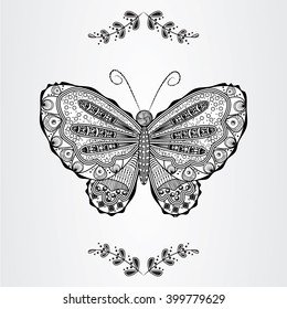 Vector illustration of the patterned butterfly. Zentangle concept. Monochrome pic