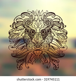 Vector illustration patterned head of the lion on the blurred background. Tattoo design. It may be used for design of a t-shirt, bag, postcard, a poster and so on. 