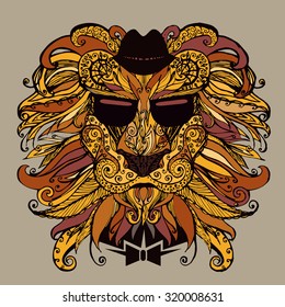 Vector illustration patterned head of the lion. Tattoo design. It may be used for design of a t-shirt, bag, postcard, a poster and so on. 