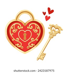 Vector illustration of patterned heart shaped lock and its key. Romantic drawing of items for valentine's day. 