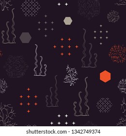 Vector illustration of patterned hexagons and stylized seaweeds underwater. This colourful, stylish seamless repeat pattern is perfect for gift, cards, wallpaper, scrapbooking, fabric, interior, paper