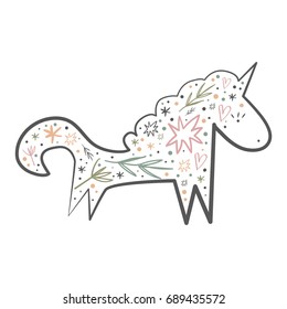 Vector illustration, patterned unicorn. Print, sticker, label, element for design.