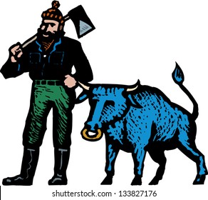 Vector Illustration Of Paul Bunyan And His Blue Ox