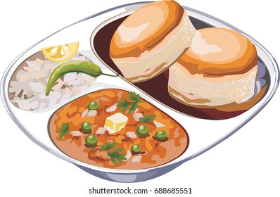 Vector illustration of Pav Bhaji in steel plate