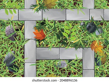 vector illustration of a paving floor surrounded by green grass. beautiful organic leaf litter. gravel peeking out from under the grass Use this illustration to decorate articles and lawn backgrounds.