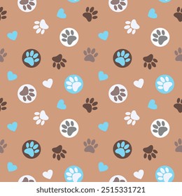 Vector illustration with paw and hearts on grey background. Decorative print for wallpapers, wrapping, cards, patterns for clothes and other