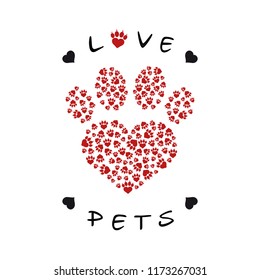 Vector illustration of a paw print made with heart shape filled with paw prints 