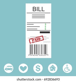 Vector illustration paying bill concept. Payment of health insurance, house and car rent and other bills . Giving or receiving bill icon set.