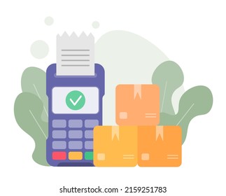 Vector illustration of paying for delivered purchases. Payment terminal receipt, cardboard boxes. Vector icons