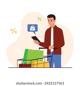 Vector illustration of paying for the purchase of goods from the phone. Cartoon scene of boy with shopping cart with shopping bags holding phone and paying for purchase isolated on white background.