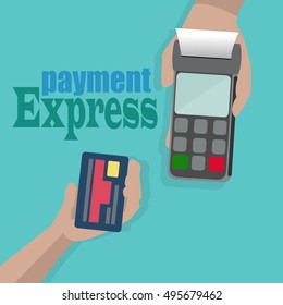 Vector Illustration of payment by card.One hand holds a payment terminal and another hand holds a credit card.