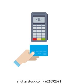 Vector illustration of payment by credit card. Human hand holds a card. Flat concept