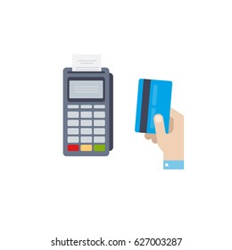 Vector illustration of payment by credit card. Human hand holds a card. Flat concept