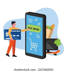 Vector illustration of payment. Cartoon scene with payment for online purchases by person through the phone on white background.