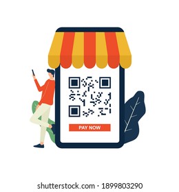 Vector illustration, payment with QR code, online shop