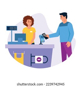 Vector illustration of payment system. Cartoon scene with a girl cashier and boy who pays for purchases through the phone on white background.