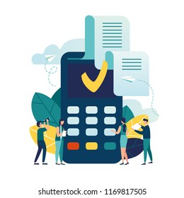 Vector illustration, payment terminal and credit card, concept of online payments NFC, payment confirmation check