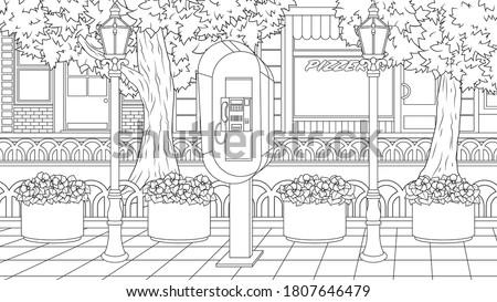 Vector illustration, payphone in a city park on a wide street, coloring book
