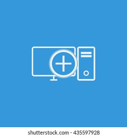 Vector illustration of pc add sign icon on blue background.